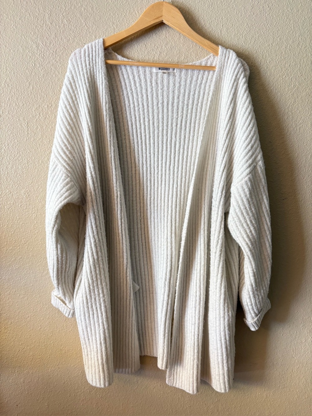 Missguided Ivory Ribbed Open Front Cardigan Size 6 8 Longline Sweater